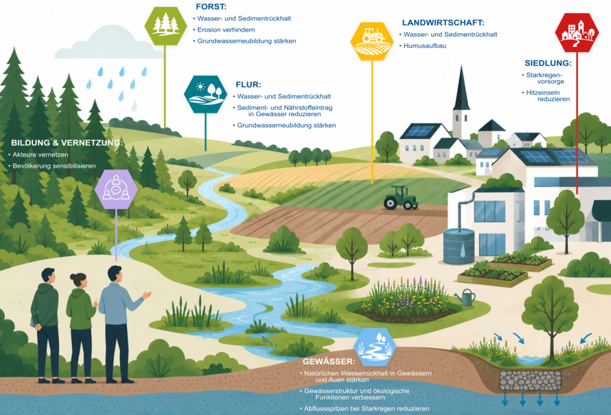 Grafische Darstellung der Handlungsfelder im Bezug auf Klimaanpassung: Landschaftsbild mit Bach, Wald und Dorf inklusive der möglichen Handlungen in den Bereichen Forst, Flur, Landwirtschaft, Siedlung sowie Bildung und Vernetzung