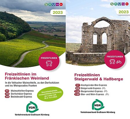 Zwei Werbeflyer für Freizeitlinien des VGN sind abgebildet. Links zeigt der Flyer eine grüne Weinlandschaft mit einem gewundenen Weg und trägt den Titel „Freizeitlinien im Fränkischen Weinland“ mit den Linien 107 Mainschleifen-Express, 108 Dorfschätze-Express und 109 Bocksbeutel-Express. Rechts ist eine historische Steinruine vor hügeliger Landschaft zu sehen, mit dem Titel „Freizeitlinien Steigerwald & Haßberge“ und den Linien 127 Aischgründer-Bier-Express, 990 Steigerwald-Express, 1159 Burgenwinkel-Express und 1169 Bier- und Wein-Express. Beide Flyer sind für das Jahr 2023 und zeigen das VGN-Logo.