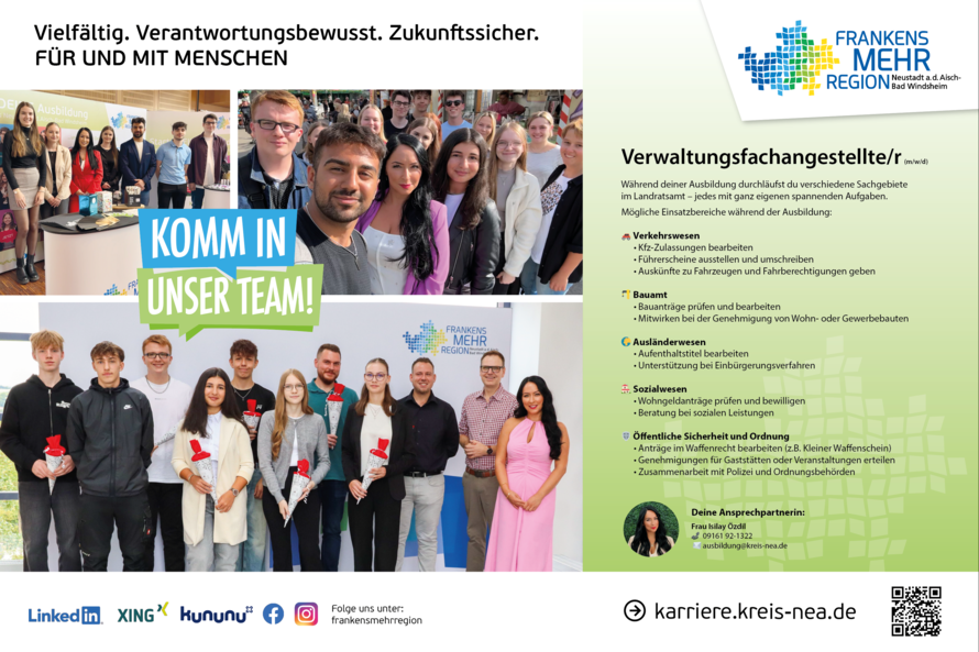 Bildcollage einer Stellenanzeige mit Gruppenfotos junger Mitarbeitender in Büro- und Eventumgebungen, zentral hervorgehoben durch eine Sprechblase mit dem Schriftzug „KOMM IN UNSER TEAM!“ vor farbigem Hintergrund.