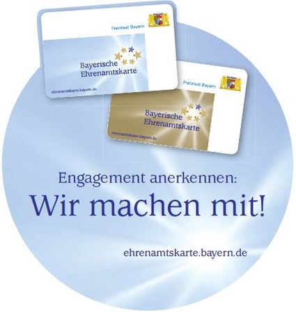 Logo mit der blauen und der goldenen Ehrenamtskarte mit dem Slogan "Wir machen mit"
