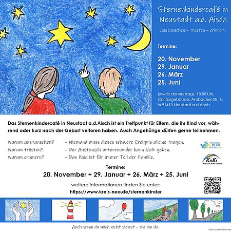 Plakat mit kindlichen Zeichnungen zum Sternenkindercafé in Neustadt a.d.Aisch, darunter zwei Kinder, die in einen sternklaren Nachthimmel blicken, sowie vier kleinere Motive mit Symbolen für Trost und Erinnerung wie ein Leuchtturm, ein Ballon und ein Kind an der Hand eines Erwachsenen.