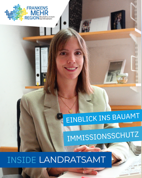 Titelbild von Inside Landratsamt - Frau an Schreibtisch, Text: Einblick ins Bauamt - Immissionsschutz