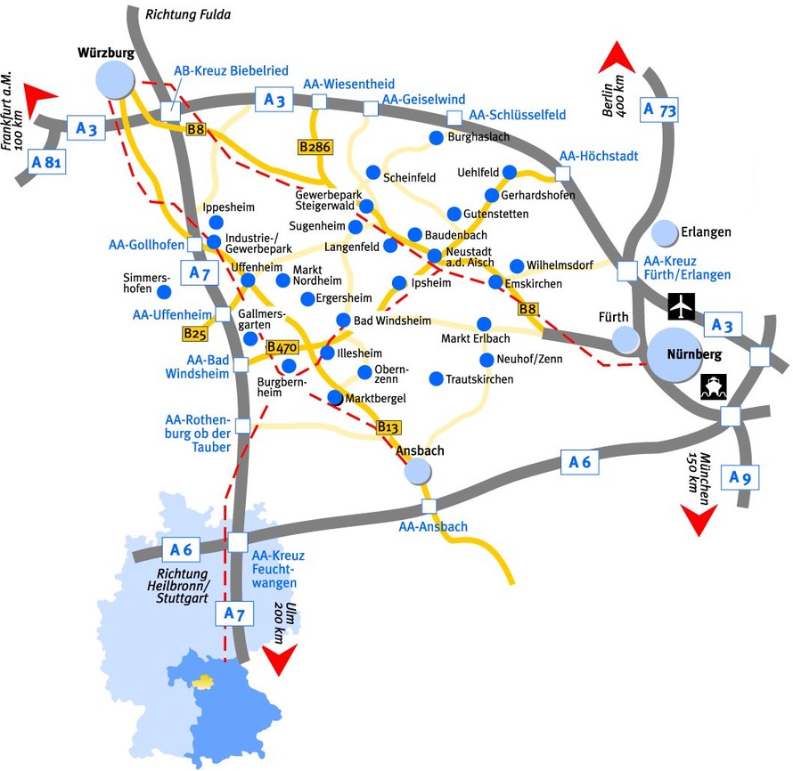 Karte Standort Frankens Mehrregion - Straßen, Gemeinden, Lage in Deutschland, Anbindung an die Ballungszentren.