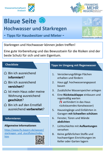 Ein Informationsflyer des Wasserwirtschaftsamts Ansbach und des Klimaschutzreferats des Landkreises mit dem Titel „Blaue Seite – Hochwasser und Starkregen – Tipps für Hausbesitzer und Mieter“ zeigt praktische Hinweise zur Vorsorge gegen Starkregen und Hochwasser. Enthalten sind eine Checkliste zur persönlichen Vorbereitung, Tipps zum Umgang mit Regenwasser auf dem Grundstück sowie weiterführende Links zu offiziellen Informationsseiten.